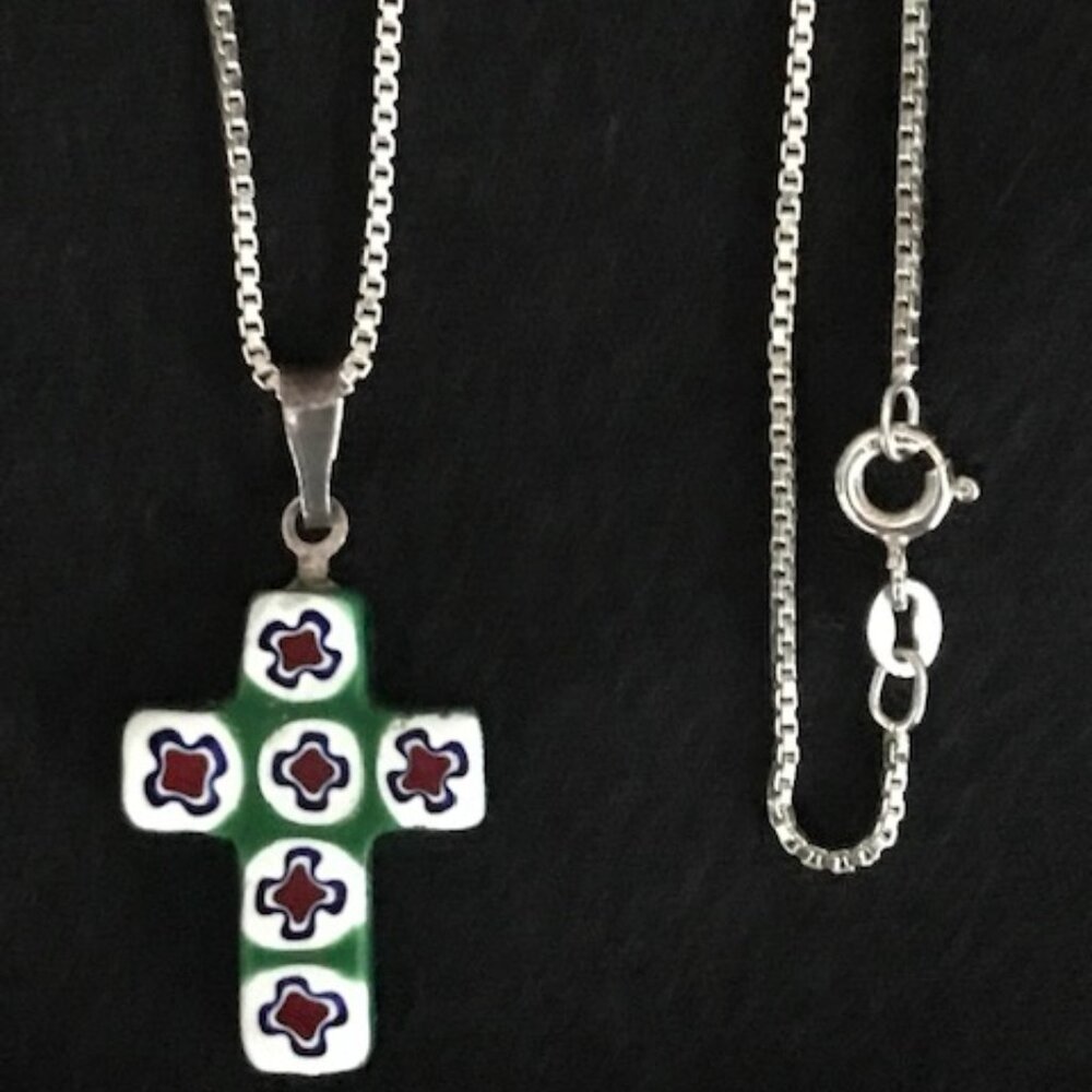 ITALIAN MURANO GLASS CROSS PENDANT + 18" STERLING SILVER NECKLACE
